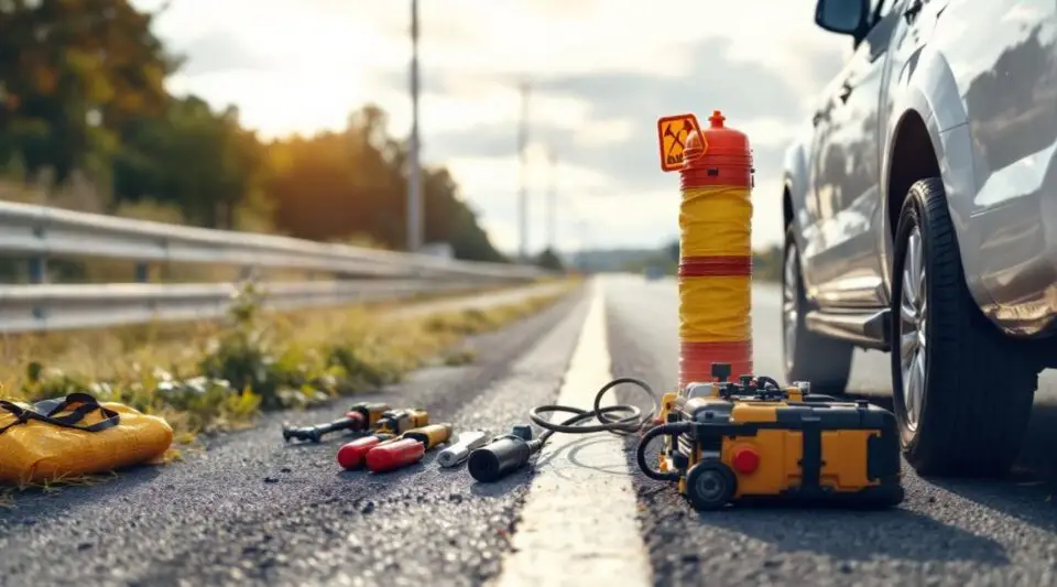 A professional 24 Hour Towing Service technician using a floor jack to change a flat tire on a busy San Antonio roadside at dusk.